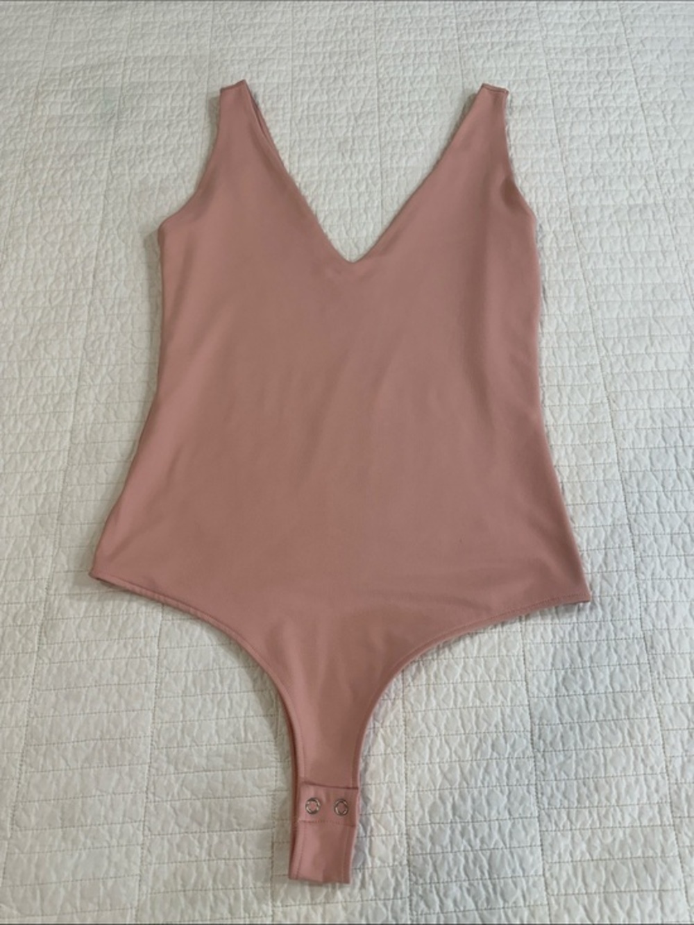 ReoRia Medium Plunge Deep V Neck Sleeveless Backless peach Bodysuit Double Lined
